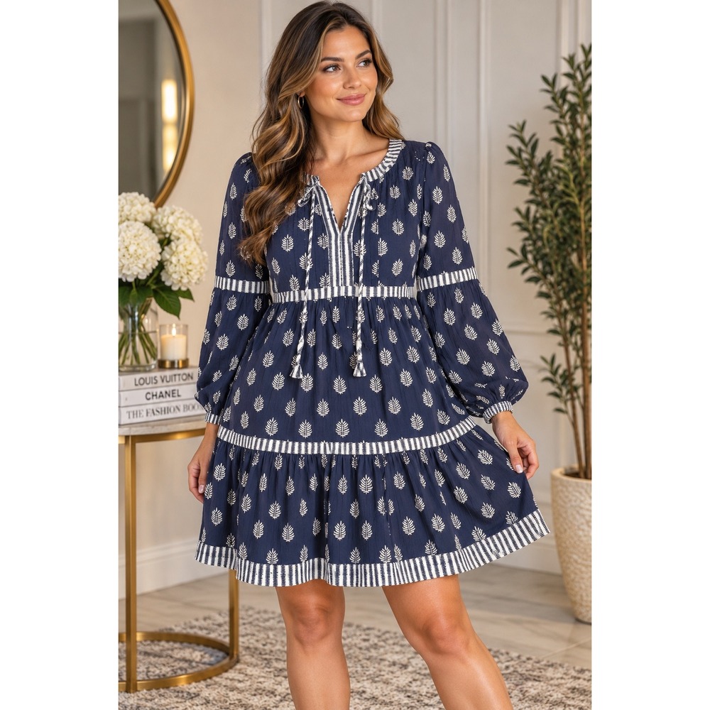 Vineyard Vines Dress Womens S Blue White Leaf Print Tiered Cotton Tassel Resort
